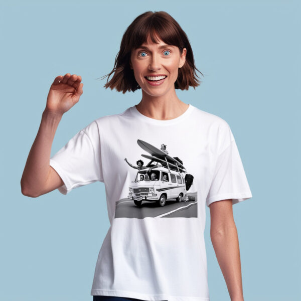 Ride the Wave with Joy White Crew Neck T-shirt Featuring Surfing Minivan