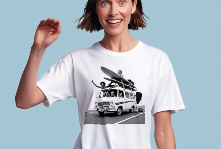 Ride the Wave with Joy White Crew Neck T-shirt Featuring Surfing Minivan