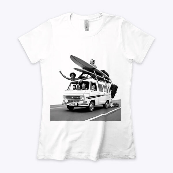 Ride the Wave with Joy White Crew Neck T-shirt Featuring Surfing Minivan (Small)