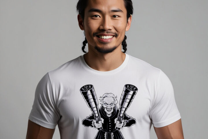 Spooky Shooter White Cotton Crew Neck T-shirt Showcasing a Creepy Old Woman with Guns