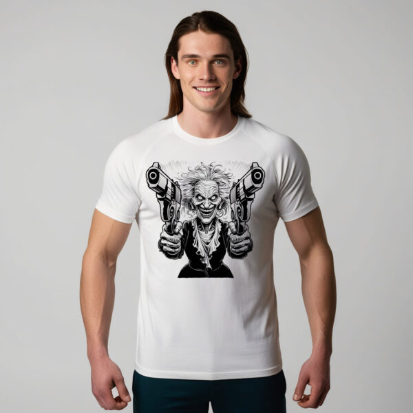 Gritty Grandma t-shirt featuring a creepy old woman armed with two guns