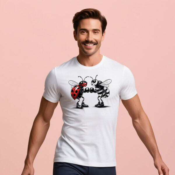 Love bug and beetle boxing match graphic on a Gloved Up Love T-shirt