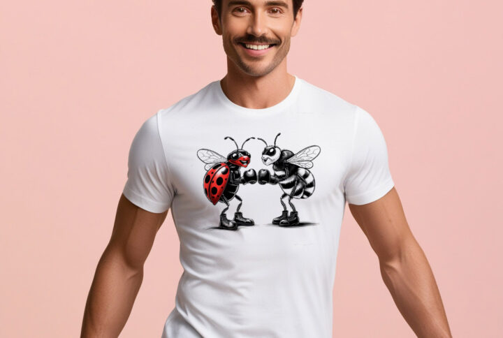Love bug and beetle boxing match graphic on a Gloved Up Love T-shirt