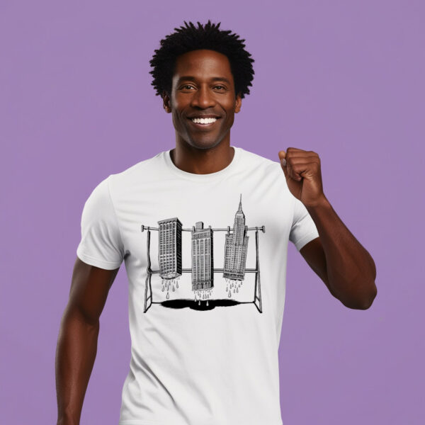 Hang Loose T-shirt with a unique design of inverted buildings on a drying rail