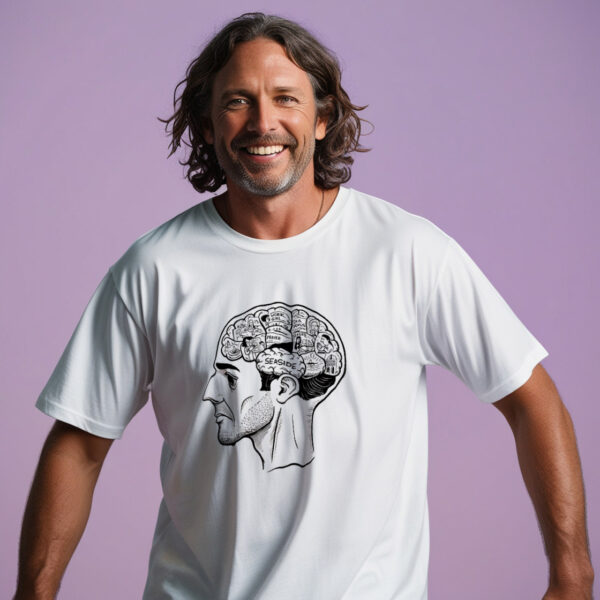 Thoughtful reflection graphic on What’s on a Man’s Mind T-shirt in small size