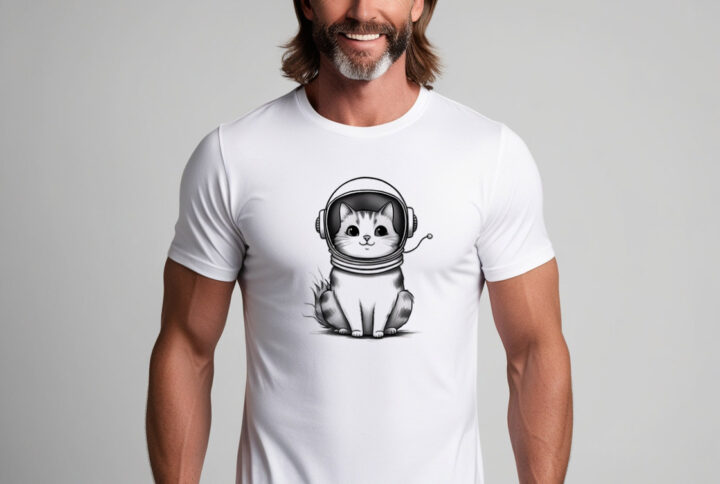 Astronaut Cat cool crew neck tee with a cosmic twist design