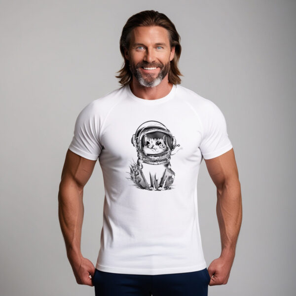 Small Astronaut Cat cool crew neck tee with a cosmic twist design