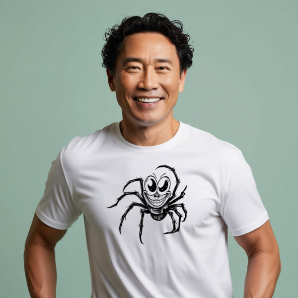 Wacky Web Crawler White Crew Neck T-shirt in small size with a delightfully funny spider design