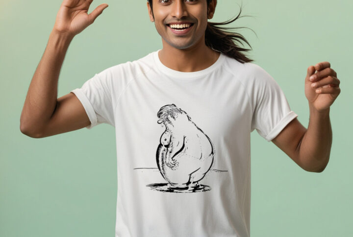 Happy and Round T-shirt featuring a fun fat man design