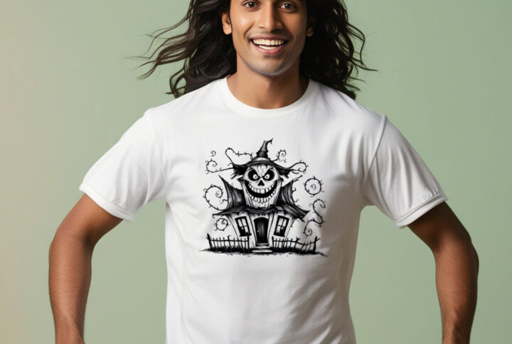 Mysterious Mansion White Crew Neck T-shirt Featuring a Spooky Old Halloween House