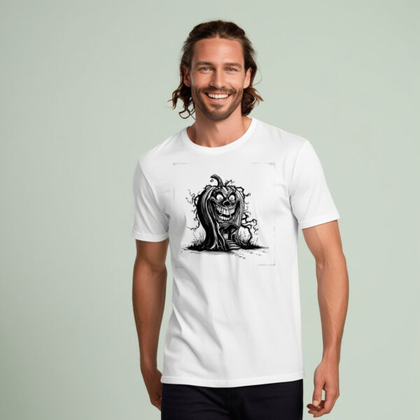 Eerie Pumpkin Gaze - White Crew Neck T-shirt Showcasing a Scary Halloween Jack-O-Lantern