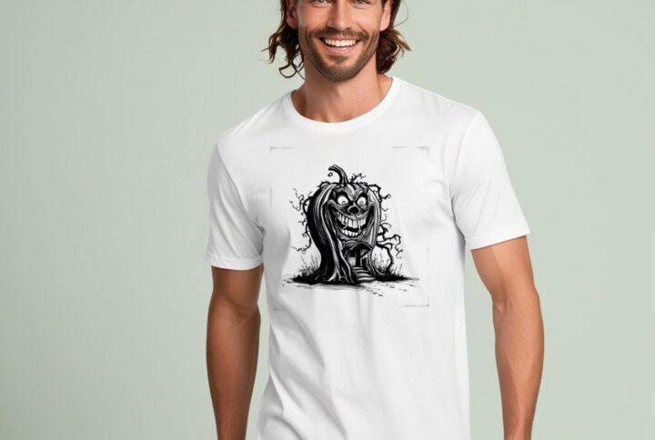 Eerie Pumpkin Gaze - White Crew Neck T-shirt Showcasing a Scary Halloween Jack-O-Lantern