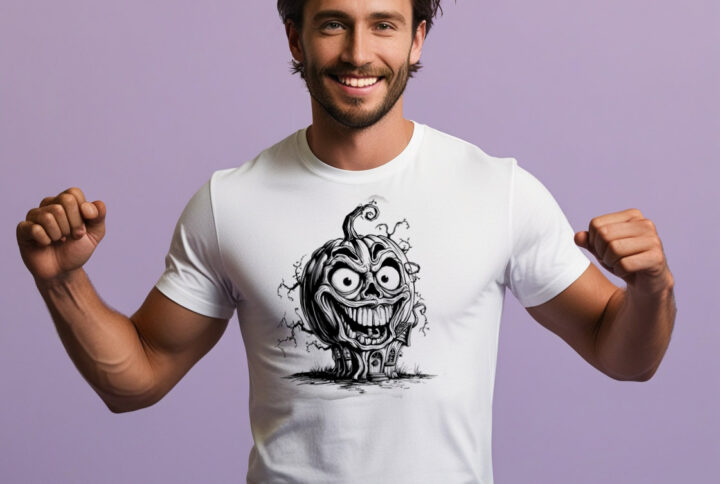 Frightening Pumpkin Face White Crew Neck T-shirt with a Terrifying Halloween Design