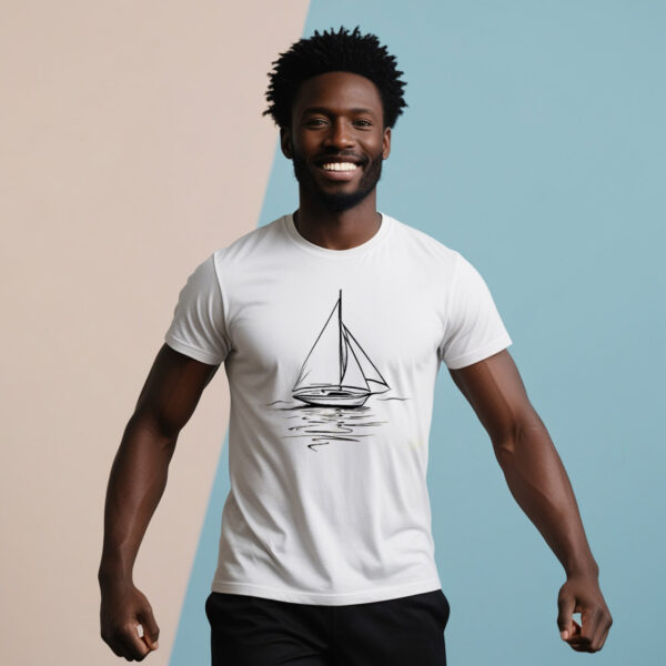 Seaside Serenity White Crew Neck T-shirt Featuring a Graceful Sailboat Print