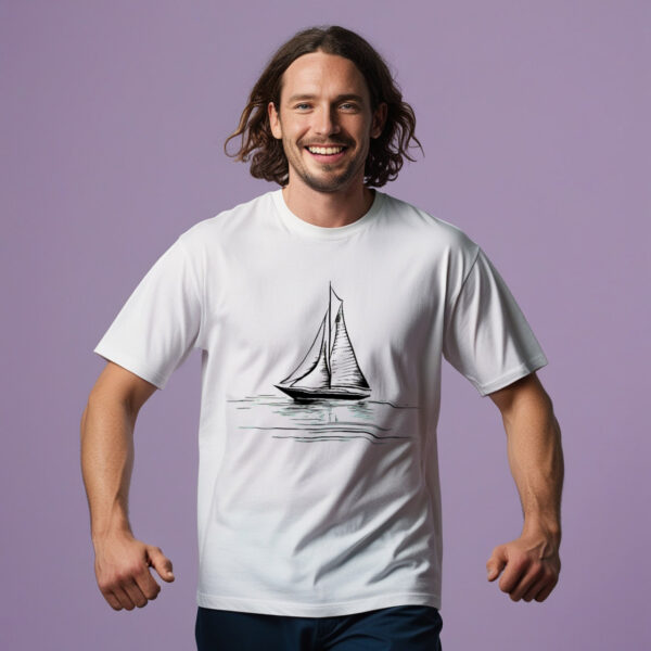 Seaside Serenity White Crew Neck T-shirt Featuring a Graceful Sailboat