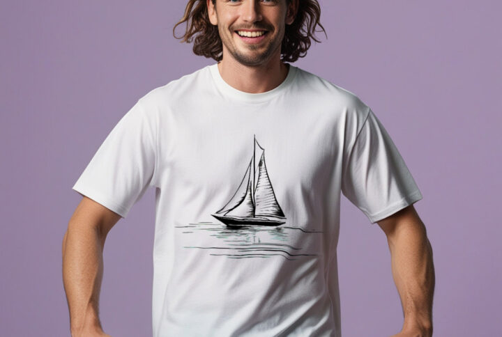 Seaside Serenity White Crew Neck T-shirt Featuring a Graceful Sailboat