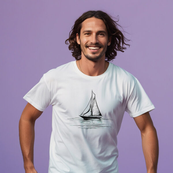 Seaside Serenity White Crew Neck T-shirt Featuring a Graceful Sailboat (Small)