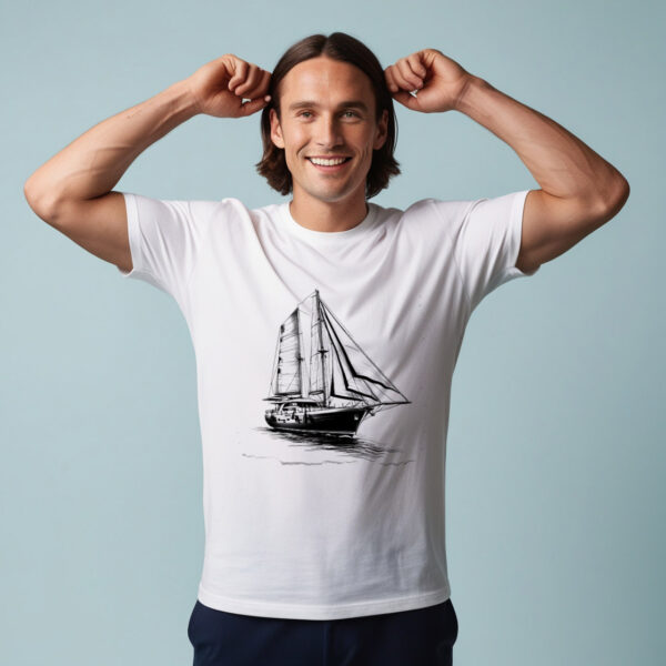 Sailing Dreams White Cotton Crew Neck T-shirt with a Majestic Sailboat Design (Small)