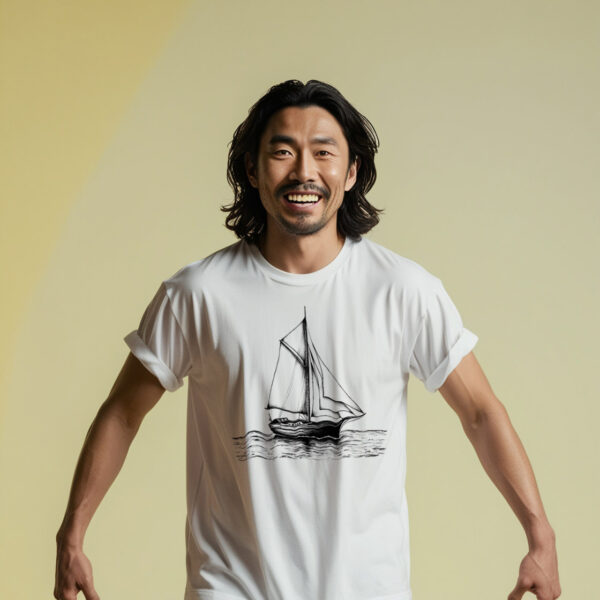 Ocean Breeze White Cotton Crew Neck T-shirt with an Elegant Sailboat Design (Small)