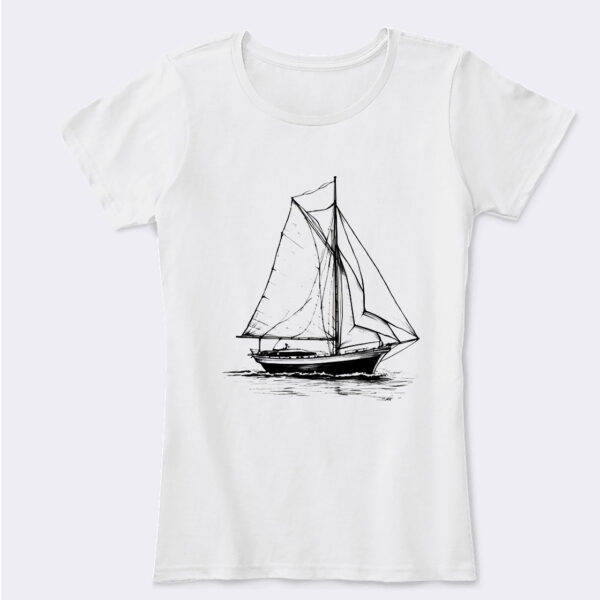 Set Sail in Style White Crew Neck T-shirt Showcasing a Charming Sailboat