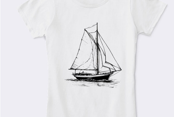 Set Sail in Style White Crew Neck T-shirt Showcasing a Charming Sailboat