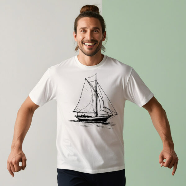 Set Sail in Style White Crew Neck T-shirt Showcasing a Charming Sailboat (Small)