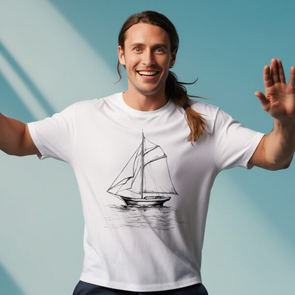 Nautical Adventure White Crew Neck T-shirt Featuring a Beautiful Sailboat (Small)