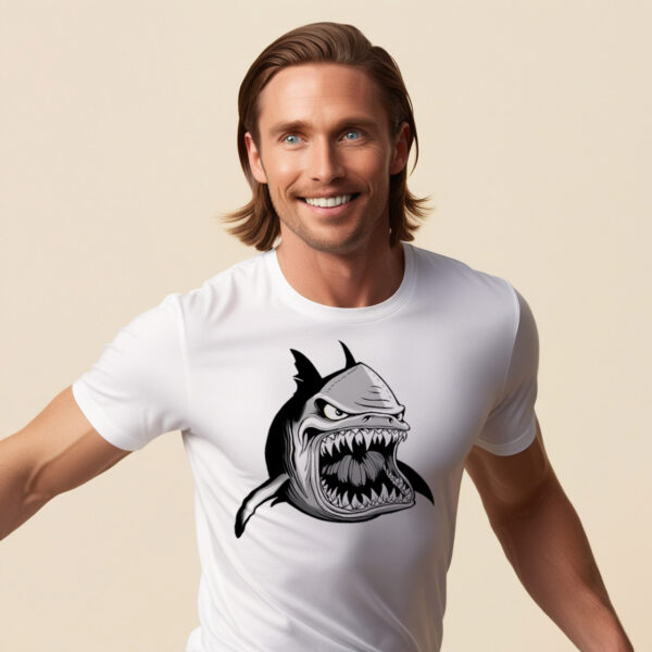 Shark Frenzy White Cotton T-Shirt with Terrifying Shark Print in Small Size