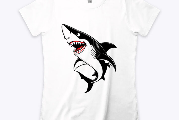 Ocean Predator White Crew Neck T-shirt Featuring a Menacing Shark Design