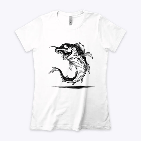 Fishy Fun White Crew Neck T-shirt with a Delightfully Creepy Fish Design