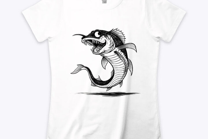 Fishy Fun White Crew Neck T-shirt with a Delightfully Creepy Fish Design