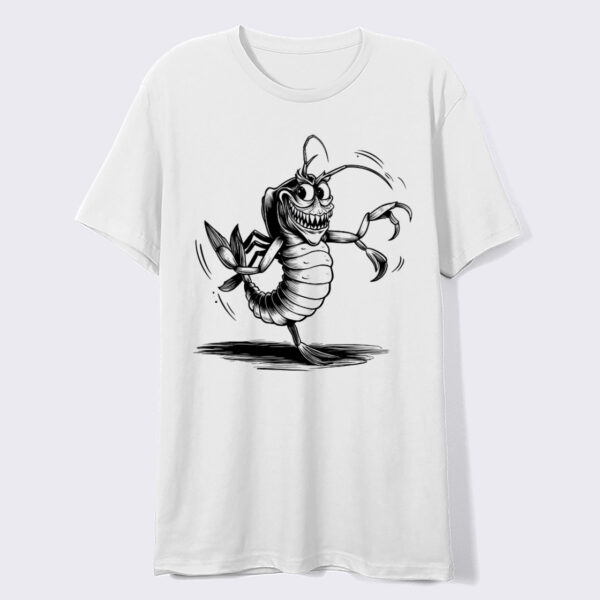 Creepy Yet Adorable White Crew Neck T-shirt with a Scary Cute Shrimp Design