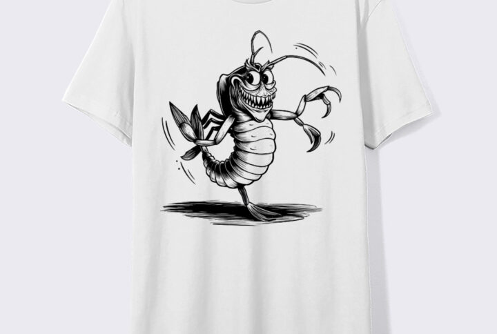 Creepy Yet Adorable White Crew Neck T-shirt with a Scary Cute Shrimp Design