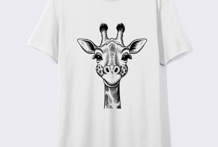 Close-up of giraffe print on white t-shirt