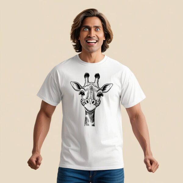 White crew neck t-shirt featuring giraffe art