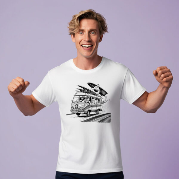 Close-up of Catch the Wave T-shirt featuring surf van design.