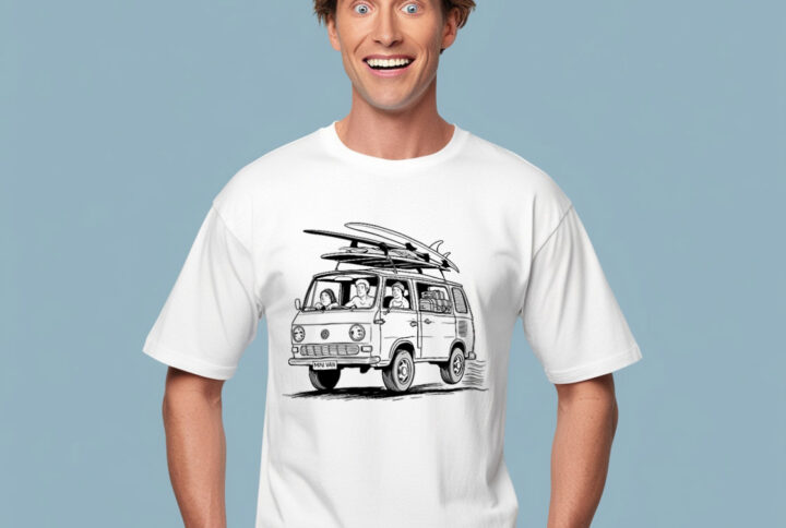 Close-up of Surf's Up T-shirt featuring retro holiday van design.