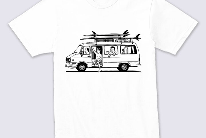 Model wearing Surfing Van T-shirt with colorful van design.
